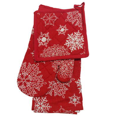 CHRISTMAS RED kuchyňský trojset - chňapka, rukavice, utěrka